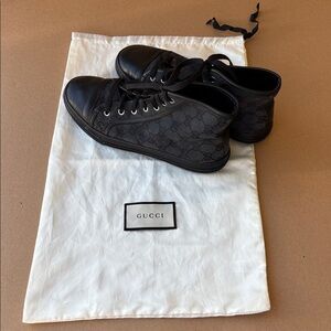 Authentic Gucci Women's Black GG Monogram High-Top Sneakers & dust bag w/ COA